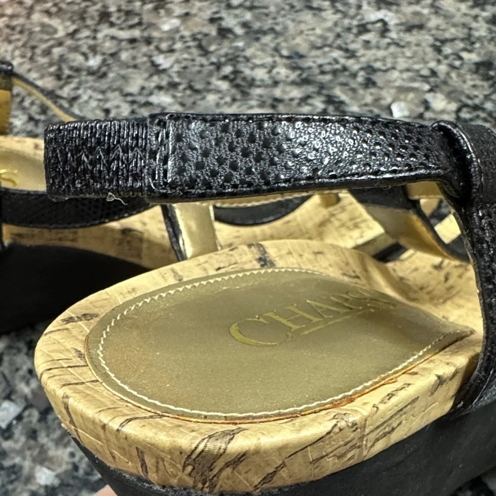 Chaps Raevyn thong Black Cork Wedge Sandals EUC 7.5